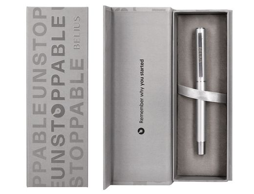 Roller belius unstoppable color plateado tinta negra caja de diseño