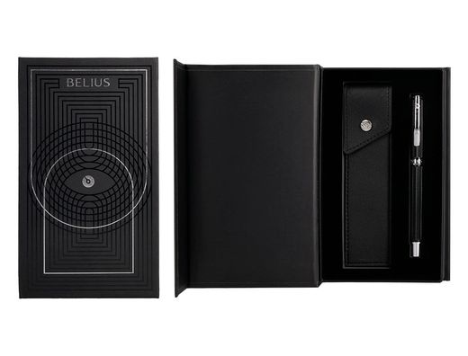 Roller y estuche belius turbo aluminio textura punteada negro plateado tinta azul caja de diseño