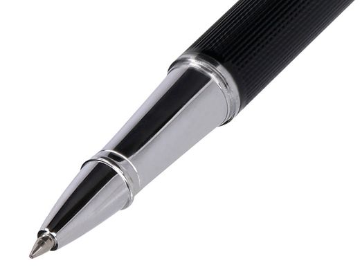Roller y estuche belius turbo aluminio textura punteada negro plateado tinta azul caja de diseño