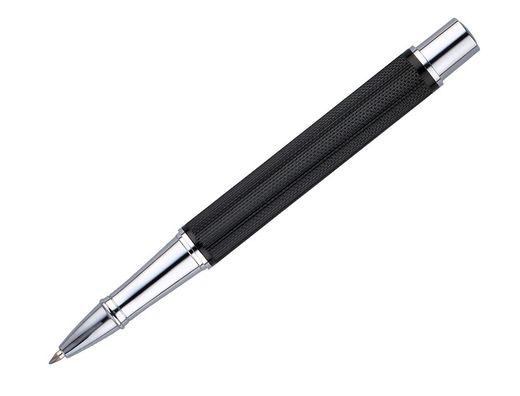 Roller y estuche belius turbo aluminio textura punteada negro plateado tinta azul caja de diseño
