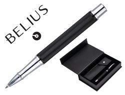 Roller y estuche belius turbo aluminio textura punteada negro plateado tinta azul caja de diseño