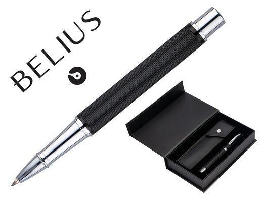 Roller y estuche belius turbo aluminio textura punteada negro plateado tinta azul caja de diseño