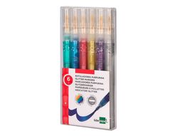 Rotulador con efecto purpurina metalizada y punta reversible en colores surtidos. Caja de 6 unidades.