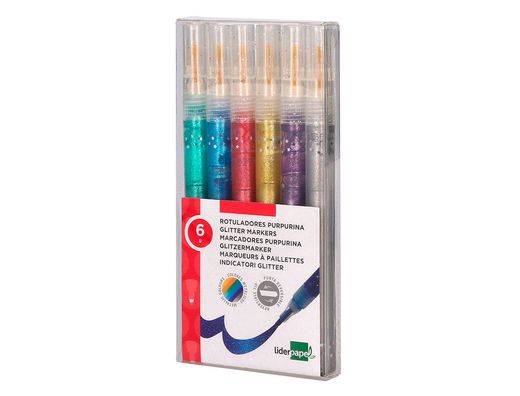 Rotulador con efecto purpurina metalizada y punta reversible en colores surtidos. Caja de 6 unidades.