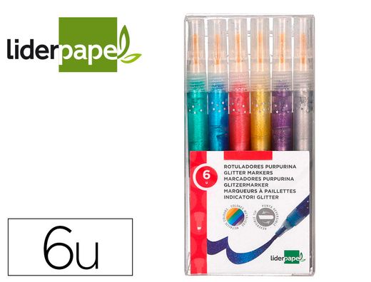 Rotulador con efecto purpurina metalizada y punta reversible en colores surtidos. Caja de 6 unidades.