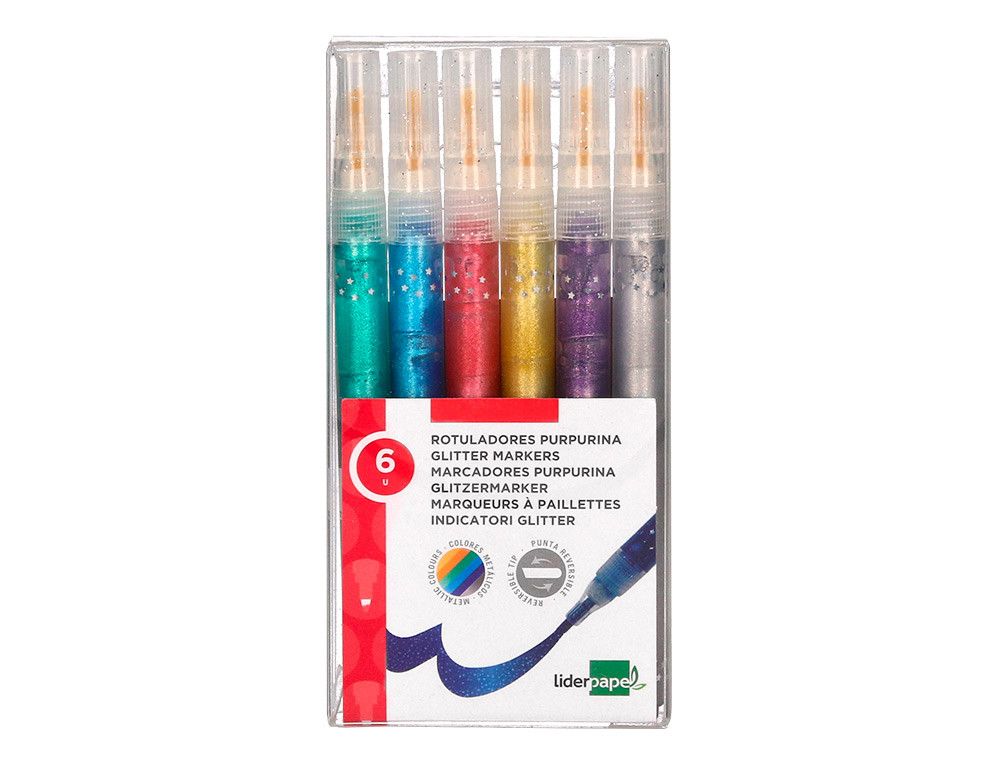 Rotulador con efecto purpurina metalizada y punta reversible en colores surtidos. Caja de 6 unidades.