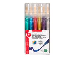 Rotulador con efecto purpurina metalizada y punta reversible en colores surtidos. Caja de 6 unidades.