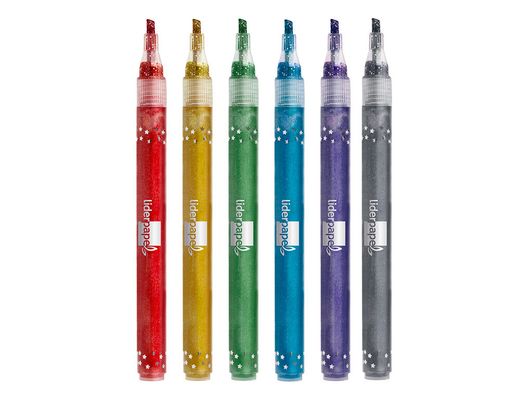 Rotulador con efecto purpurina metalizada y punta reversible en colores surtidos. Caja de 6 unidades.
