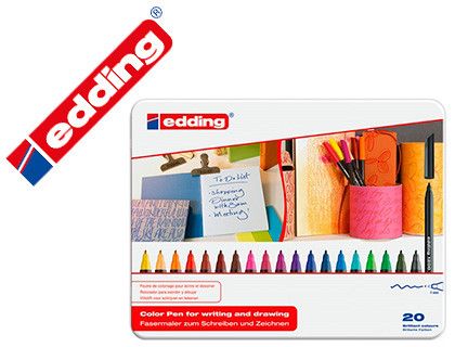 Rotulador edding punta fibra 1200 caja metal 20 colores surtidos punta redonda 0,5 mm expositor de 10 unidades + 10