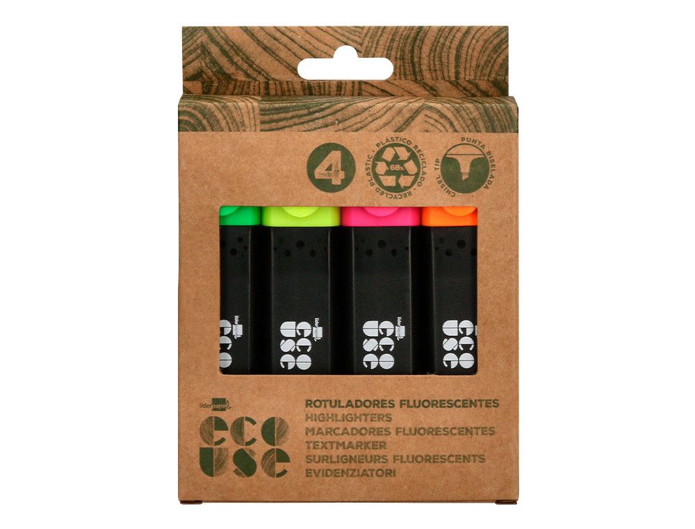 Rotulador liderpapel ecouse fluorescente fabricado con 68% plastico reciclado caja de 4 unidades colores surtidos