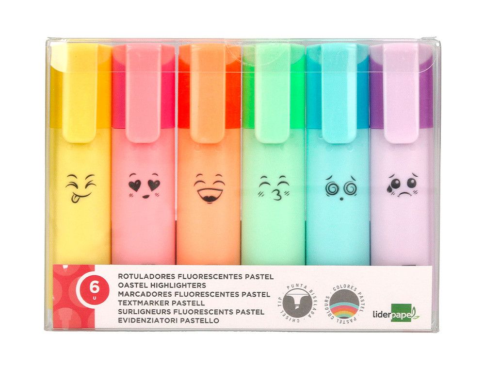 Rotulador liderpapel fluorescente pastel punta biselada estuche de 6 unidades colores surtidos