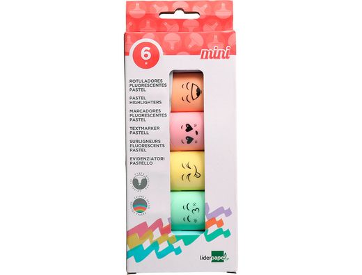 Rotulador liderpapel mini fluorescente pastel punta biselada estuche de 6 unidades colores surtidos