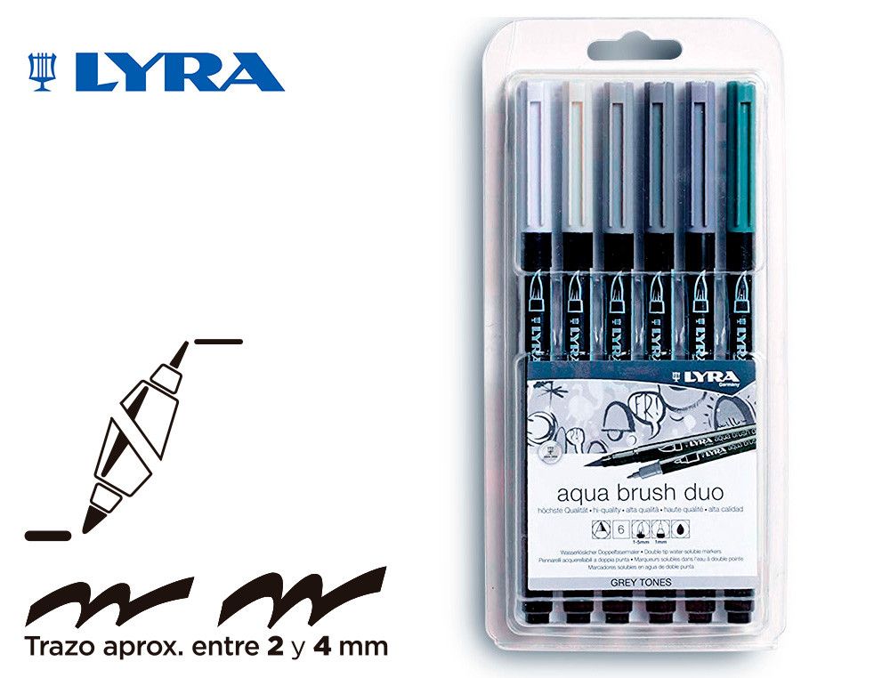 Rotulador lyra aqua brush acuarelable doble punta y pincel tonos grises blister de 6 unidades surtidas