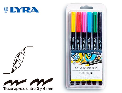 Rotulador lyra aqua brush acuarelable doble punta y pincel tonos primarios blister de 6 unidades