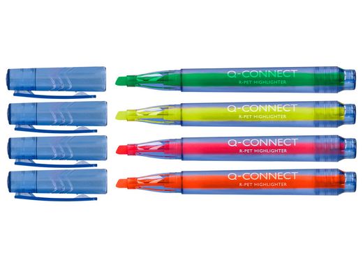 Rotulador q-connect fluorescente punta biselada fabricado pet reciclado caja de 4 unidades colores surtidos