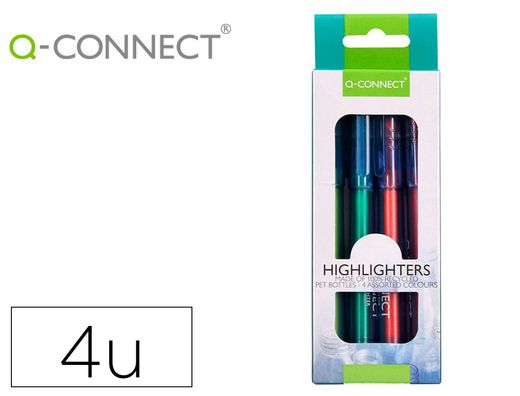 Rotulador q-connect fluorescente punta biselada fabricado pet reciclado caja de 4 unidades colores surtidos
