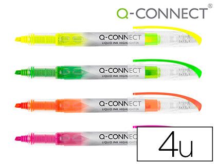 Rotulador q-connect fluorescente punta biselada tinta liquida bolsa de 4 unidades colores surtidos