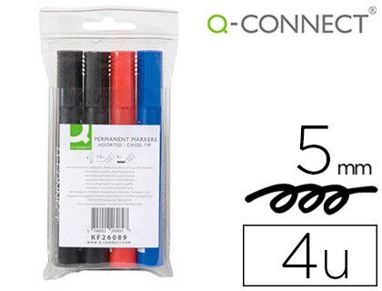 Rotulador Q-Connect Marcador Permanente Estuche de 4 Colores Surtidos Punta Biselada 5.0 Mm