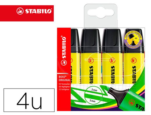 Rotulador stabilo boss fluorescente 70 amarillo estuche de 4 unidades