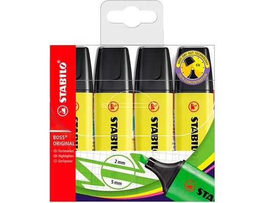 Rotulador stabilo boss fluorescente 70 amarillo estuche de 4 unidades