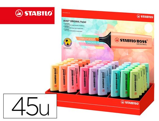 Rotulador stabilo boss fluorescente 70 pastel expositor de 45 unidades colores surtidos