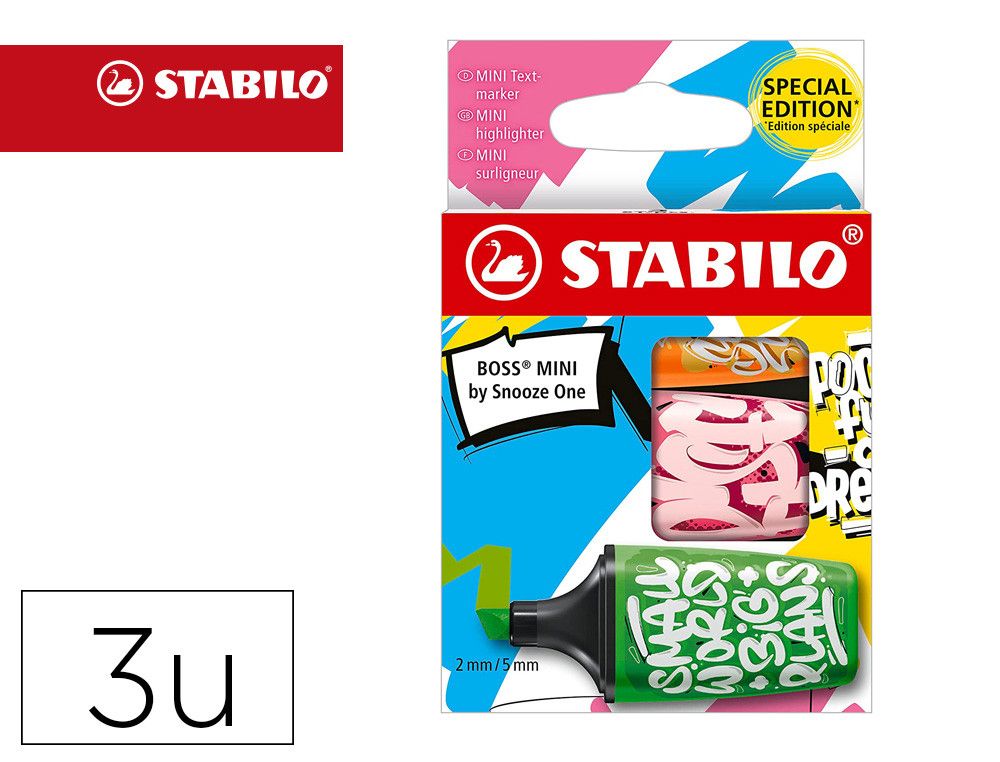 Rotulador stabilo boss mini fluorescente by snooze one estuche de 3 unidades colores surtidos ref. 22347