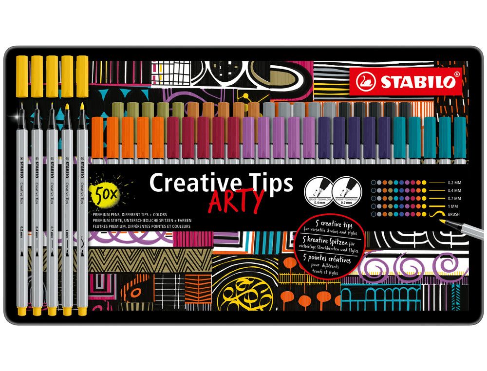Rotulador stabilo creative tips arty line pastel 5 puntas diferentes por color estuche metalico de 30