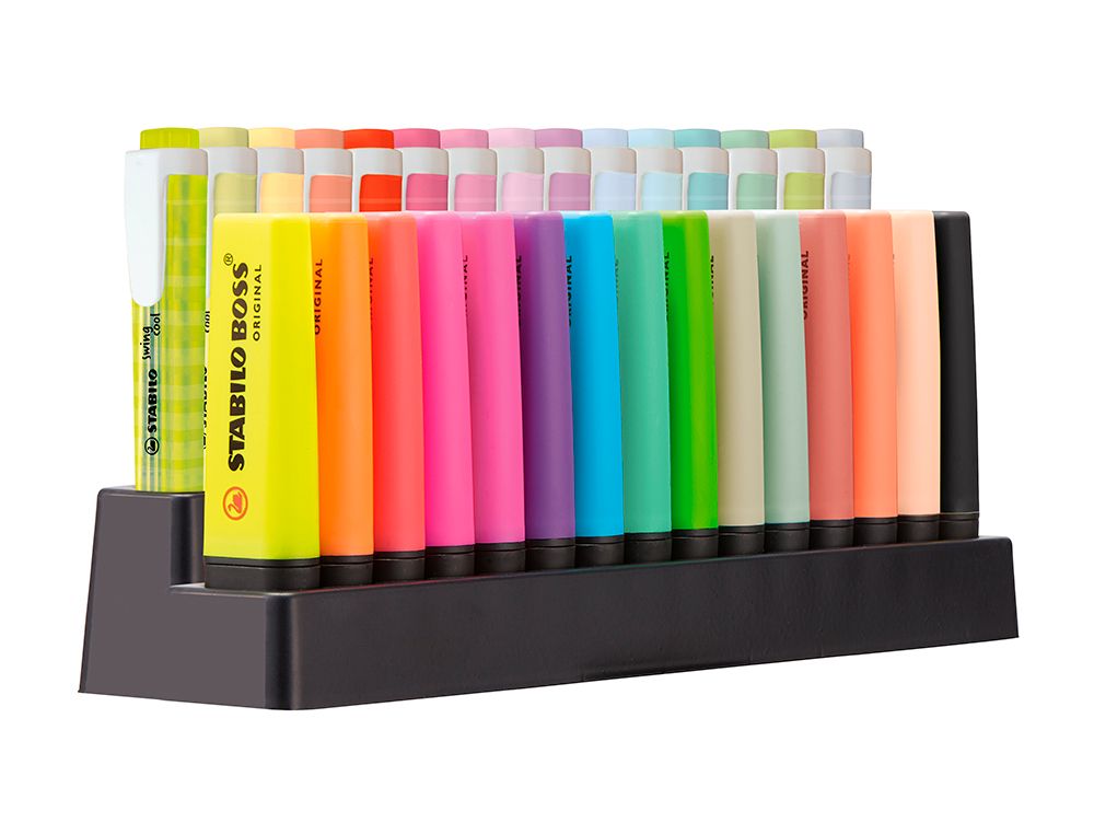 Rotulador stabilo fluorescente set de mesa 15 unidades boss 70 + 15 unidades swing cool colores surtidos