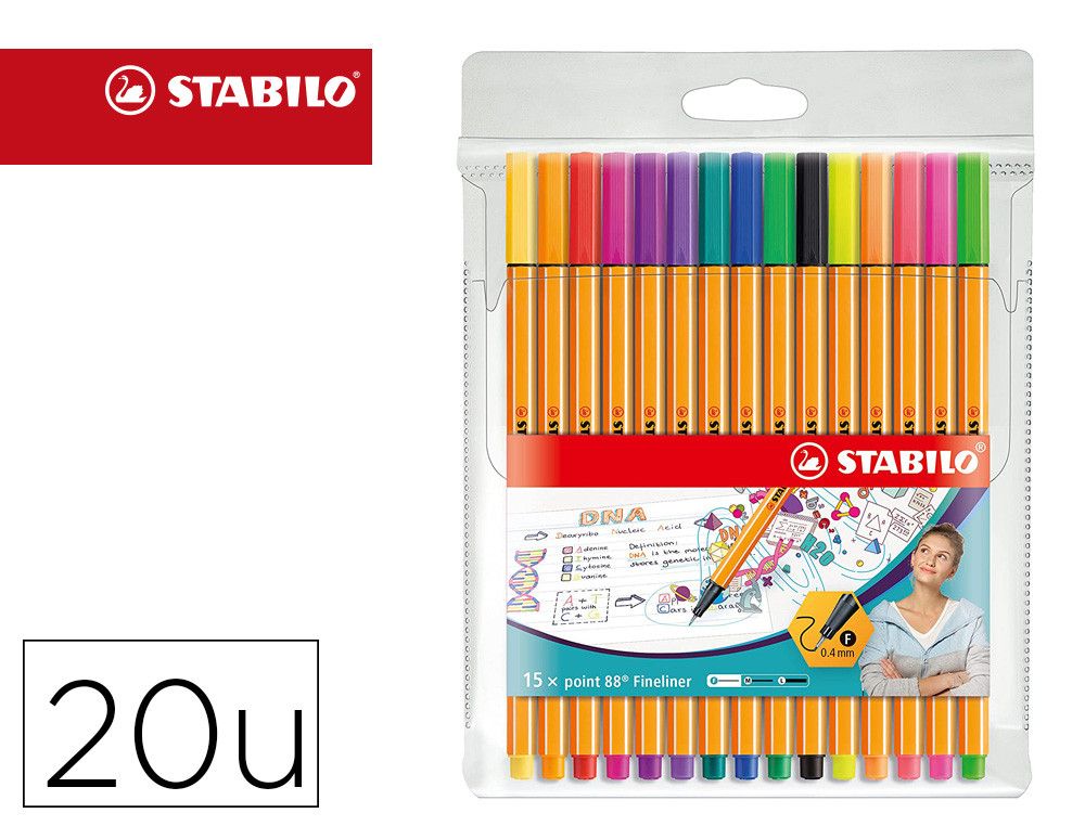 Rotulador stabilo punta de fibra point 88 estuche de 15 unidades colores surtidos + 5 colores neon