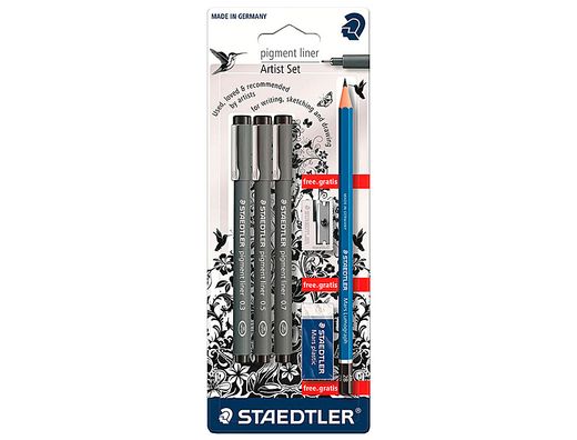 Rotulador staedtler calibrado micrometrico 308 negro blister de 3 und + goma lapiz y sacapuntas de regalo