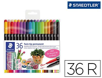 Rotulador staedtler permanente doble punta 3187 estuche de 36 unidades colores surtidos