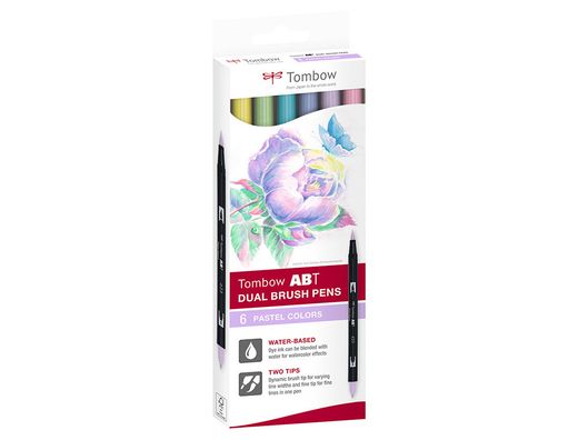 Rotulador tombow acuarelable doble punta fina/pincel colores pastel caja de 6 unidades colores surtidos