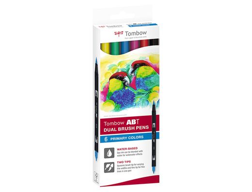 Rotulador tombow acuarelable doble punta fina/pincel colores primarios caja de 6 unidades colores surtidos