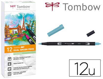 Rotulador tombow acuarelable doble punta pincel colores pastel estuche de 12 unidades colores surtidos