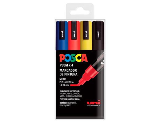 Rotulador uni posca pc-5m/4c marcador de pintura punta conica 1,8-2,5 mm estuche de 4 unidades colores basicos