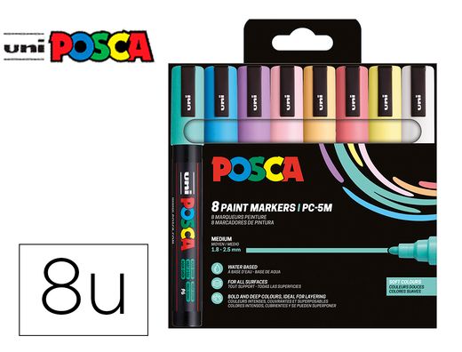 Rotulador uni posca pc-5m/8c marcador de pintura punta conica 1,8-2,5 mm estuche de 8 unidades colores suaves