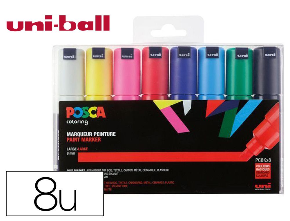 Uni Posca Set Basic à 8 Farben, 0,7mm-1mm, Rundspitze, PC-1M