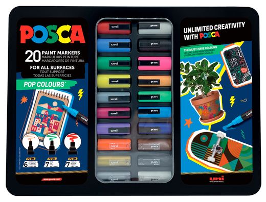 Rotulador uni posca pop colours marcador de pintura punta conica maletin metalico de 20 unidades colores