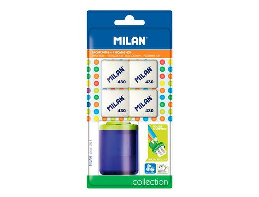 Sacapuntas milan collection plastico 2 usos + 4 gomas 430