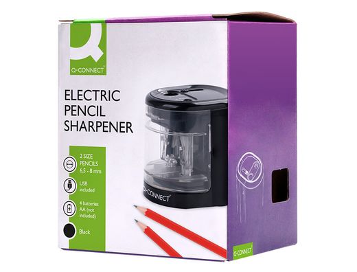 Sacapuntas q-connect kf14568 electrico de sobremesa cable usb/4 pilas aa afila cuchilla diametros de 6 a 12mm dos usos