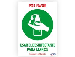 Señal adhesiva avery usar desinfectante para las manos din a4 resistente a los rayos uv pack de 2 unidades
