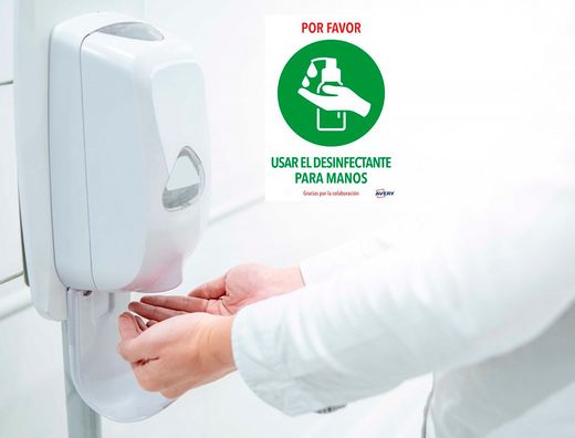 Señal adhesiva avery usar desinfectante para las manos din a4 resistente a los rayos uv pack de 2 unidades