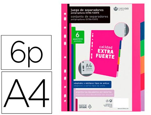 Separador carchivo polipropileno soft extra fuerte din a4 multitaladro juego de 6 posiciones
