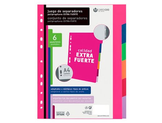 Separador carchivo polipropileno soft extra fuerte din a4 multitaladro juego de 6 posiciones