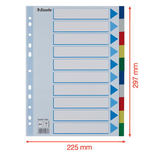 Separadores Multitaladro DIN A4. Con cartulina índice color. 10 pestañas PP, multicolor