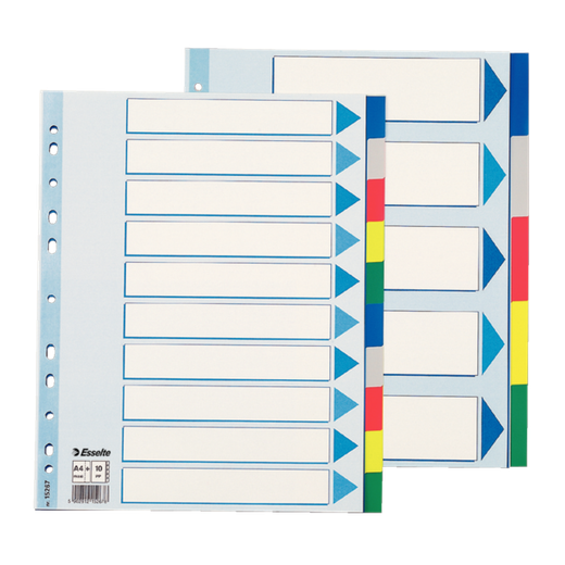 Separadores Multitaladro DIN A4. Con cartulina índice color. 10 pestañas PP, multicolor