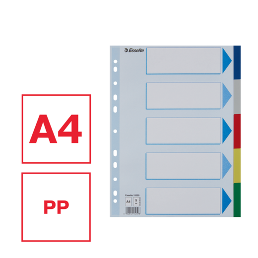 Separadores Multitaladro DIN A4. Con cartulina índice color. 5 pestañas PP, multicolor