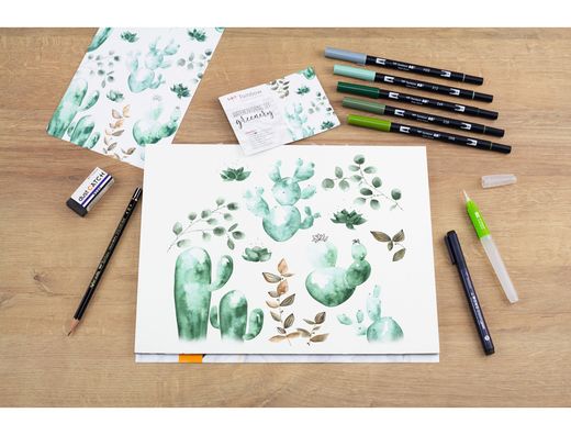 Set watercoloring tombow greenery 9 piezas
