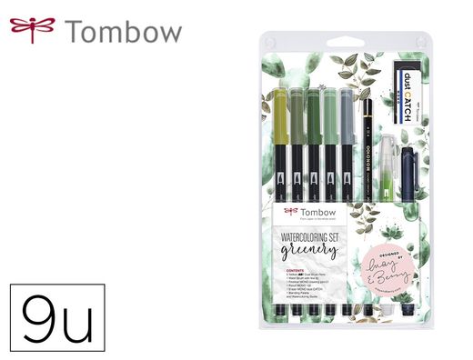 Set watercoloring tombow greenery 9 piezas