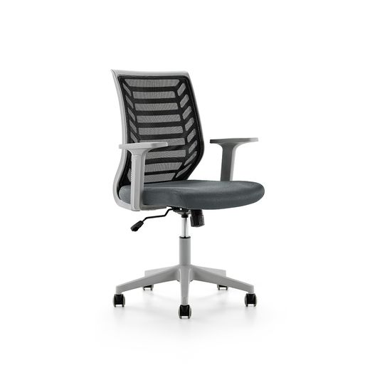 Silla de Oficina de Carcasa Gris con Respaldo Malla Negra y Asiento Tapizado Azul